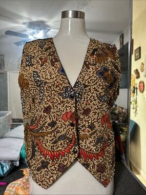Kenar Gold Embroidered Floral Beaded Vest with Red & Blue Accents